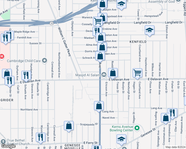 map of restaurants, bars, coffee shops, grocery stores, and more near 60 Kermit Avenue in Buffalo