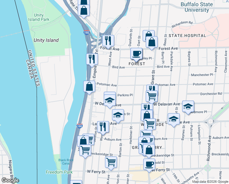 map of restaurants, bars, coffee shops, grocery stores, and more near 96 Potomac Avenue in Buffalo