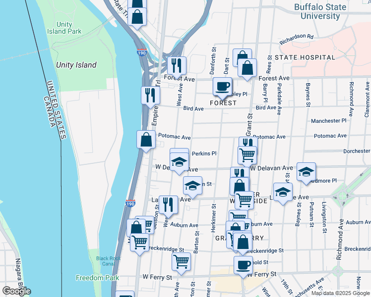 map of restaurants, bars, coffee shops, grocery stores, and more near 96 Potomac Avenue in Buffalo