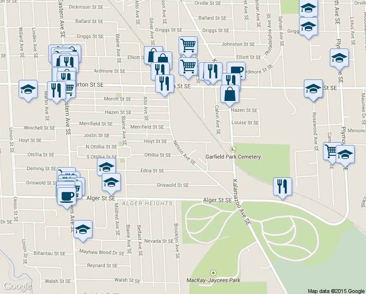 map of restaurants, bars, coffee shops, grocery stores, and more near 1173 Hoyt Street Southeast in Grand Rapids