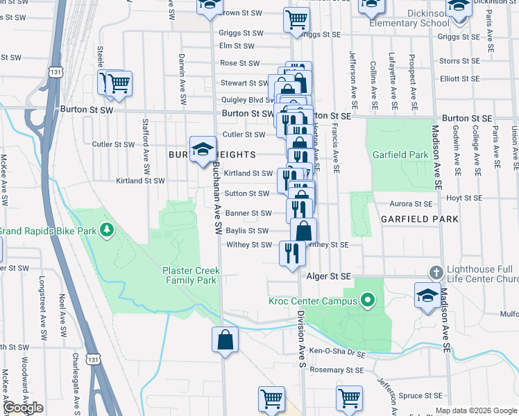 map of restaurants, bars, coffee shops, grocery stores, and more near 73 Sutton Street Southwest in Grand Rapids