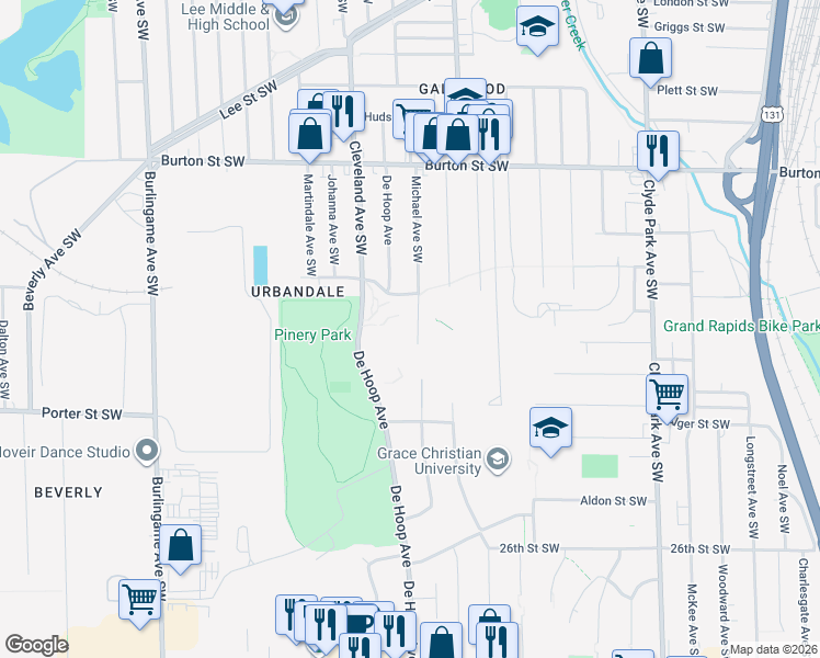 map of restaurants, bars, coffee shops, grocery stores, and more near 2280 Michael Avenue Southwest in Wyoming