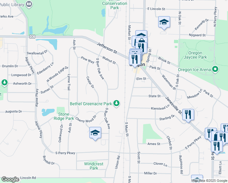 map of restaurants, bars, coffee shops, grocery stores, and more near 192 Walnut Street in Oregon