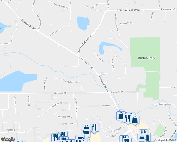 map of restaurants, bars, coffee shops, grocery stores, and more near 6488 Cascade Road Southeast in Grand Rapids