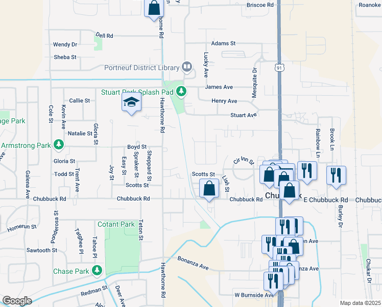 map of restaurants, bars, coffee shops, grocery stores, and more near 4957 Sunflower Avenue in Chubbuck