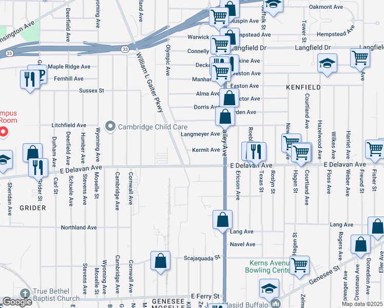 map of restaurants, bars, coffee shops, grocery stores, and more near 9 Kermit Avenue in Buffalo