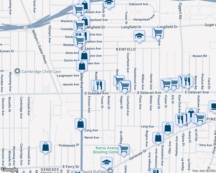 map of restaurants, bars, coffee shops, grocery stores, and more near 45 Suffolk Street in Buffalo