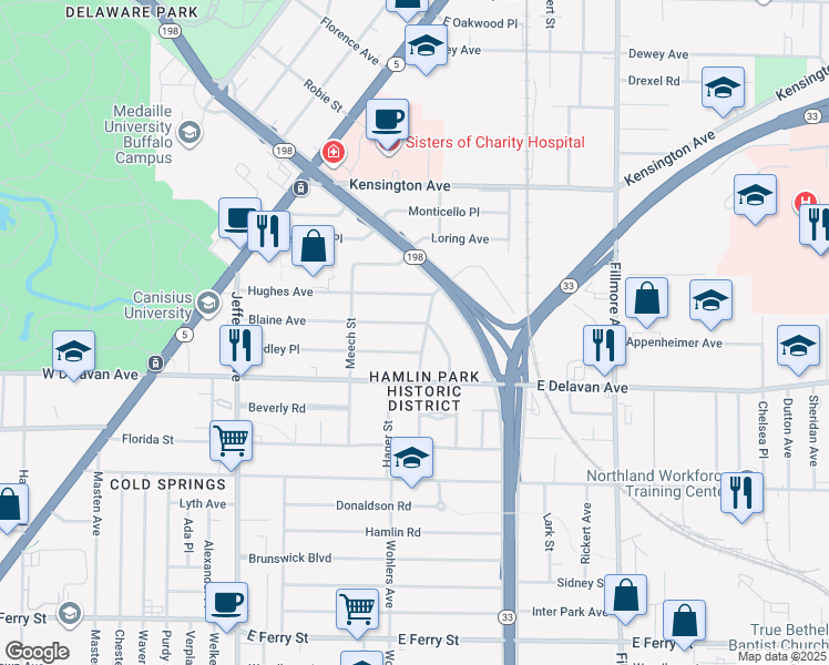 map of restaurants, bars, coffee shops, grocery stores, and more near 170 Blaine Avenue in Buffalo