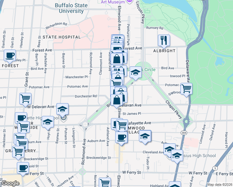 map of restaurants, bars, coffee shops, grocery stores, and more near 583 Potomac Avenue in Buffalo
