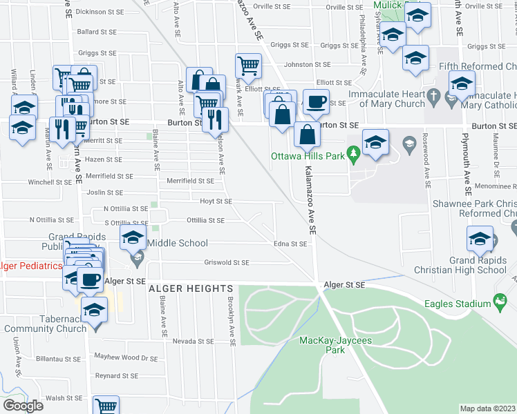 map of restaurants, bars, coffee shops, grocery stores, and more near 1215 Hoyt Street Southeast in Grand Rapids