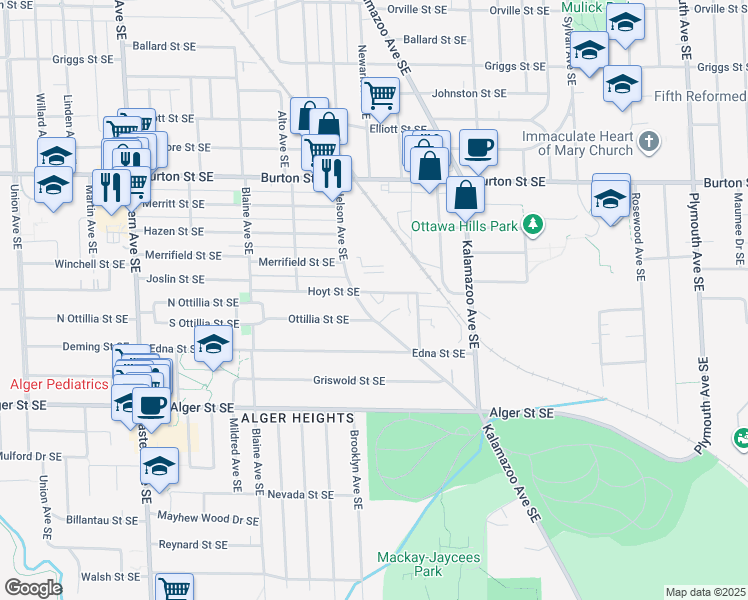 map of restaurants, bars, coffee shops, grocery stores, and more near 1173 Hoyt Street Southeast in Grand Rapids