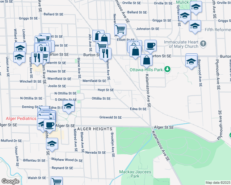 map of restaurants, bars, coffee shops, grocery stores, and more near 1173 Hoyt Street Southeast in Grand Rapids