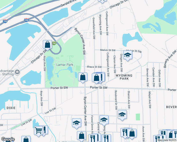 map of restaurants, bars, coffee shops, grocery stores, and more near 2369 Ithaca Street Southwest in Wyoming