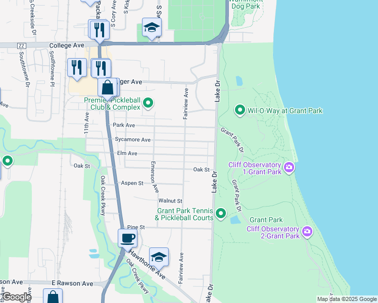 map of restaurants, bars, coffee shops, grocery stores, and more near 557 Sycamore Avenue in South Milwaukee
