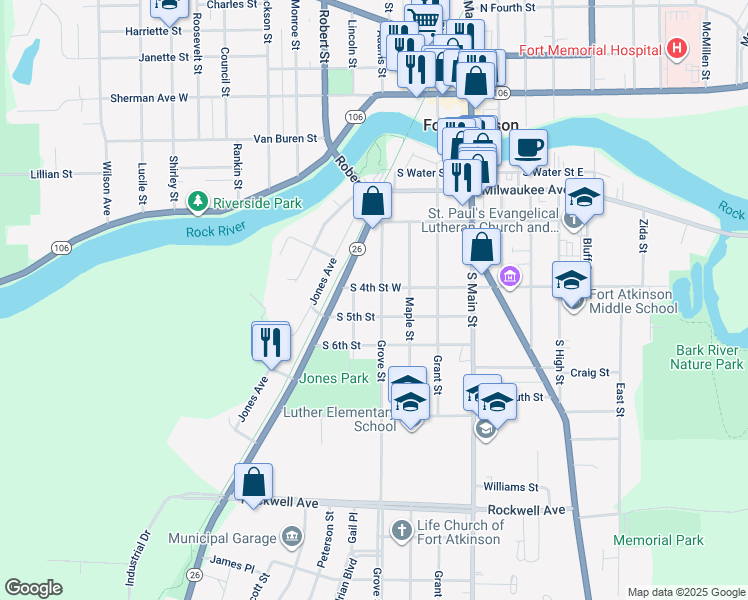 map of restaurants, bars, coffee shops, grocery stores, and more near 208 South 4th Street West in Fort Atkinson
