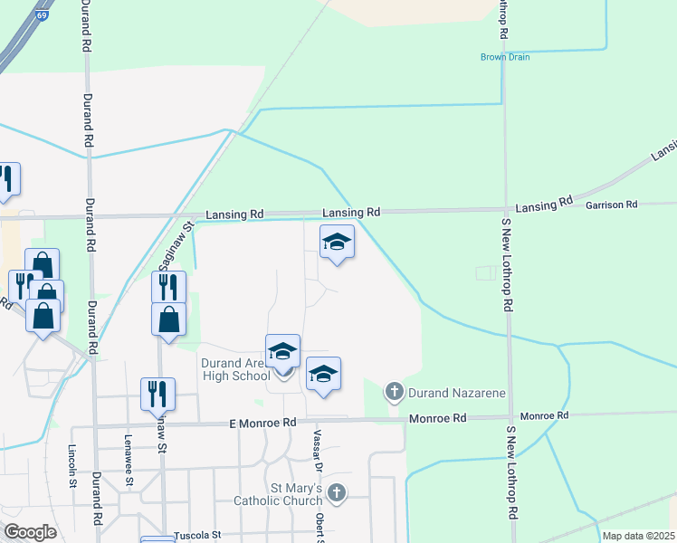 map of restaurants, bars, coffee shops, grocery stores, and more near 9550 Lansing Road in Durand
