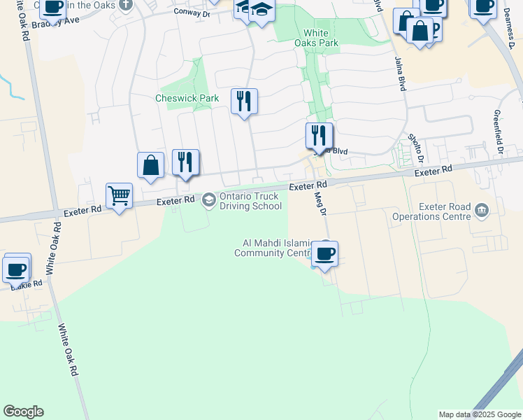 map of restaurants, bars, coffee shops, grocery stores, and more near 461 Exeter Road in London