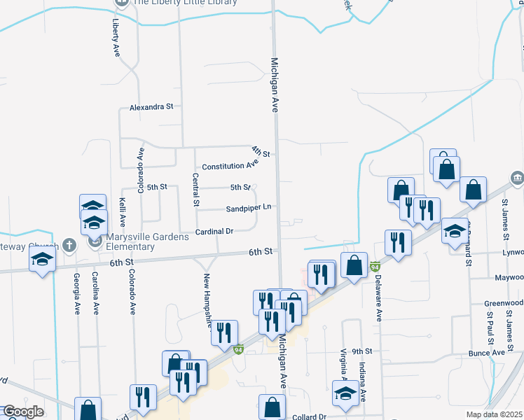 map of restaurants, bars, coffee shops, grocery stores, and more near 213 5th Street in Marysville