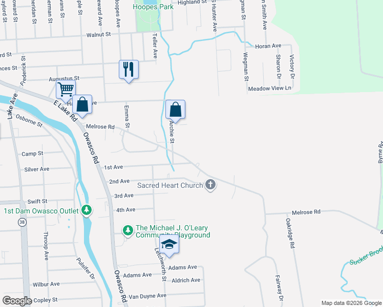 map of restaurants, bars, coffee shops, grocery stores, and more near 65 Melrose Road in Auburn