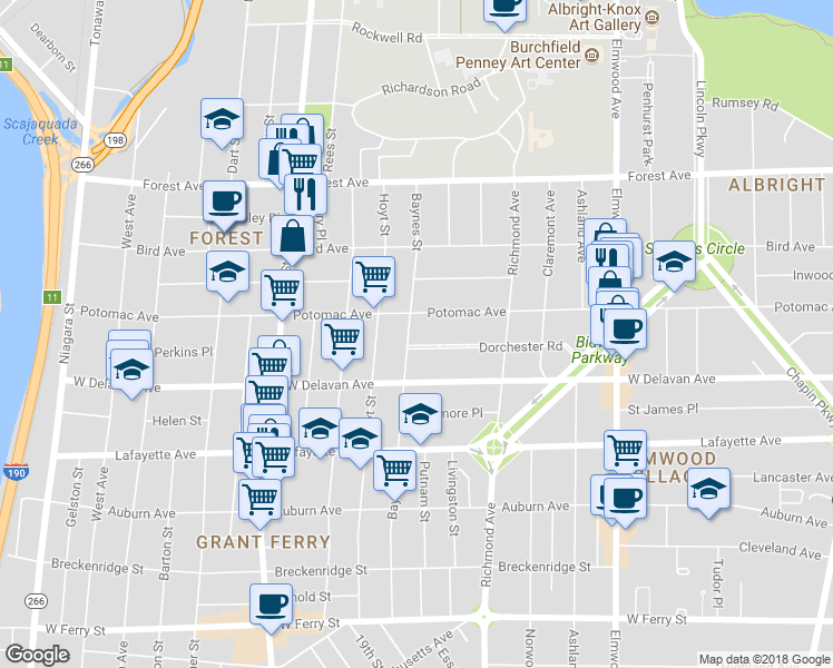 map of restaurants, bars, coffee shops, grocery stores, and more near 291 Baynes Street in Buffalo