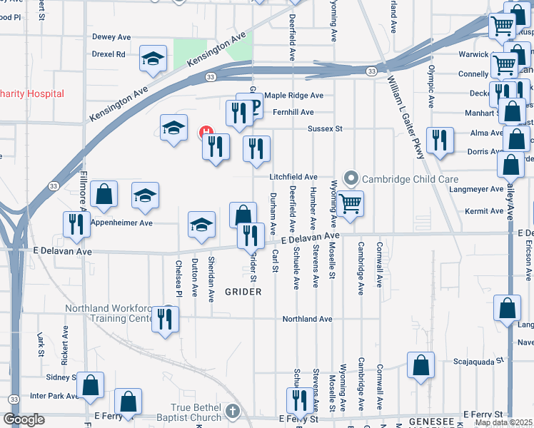 map of restaurants, bars, coffee shops, grocery stores, and more near 61 Durham Avenue in Buffalo