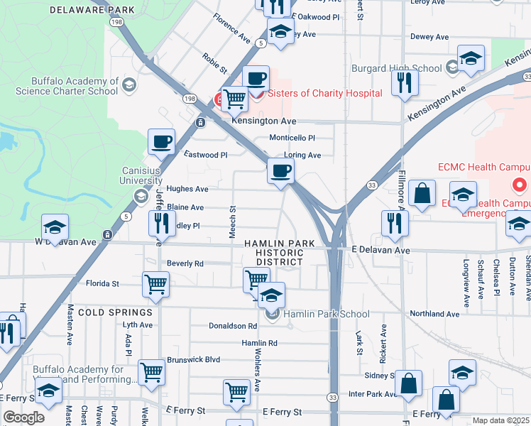 map of restaurants, bars, coffee shops, grocery stores, and more near 170 Blaine Avenue in Buffalo