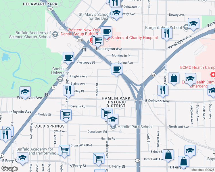 map of restaurants, bars, coffee shops, grocery stores, and more near 170 Blaine Avenue in Buffalo