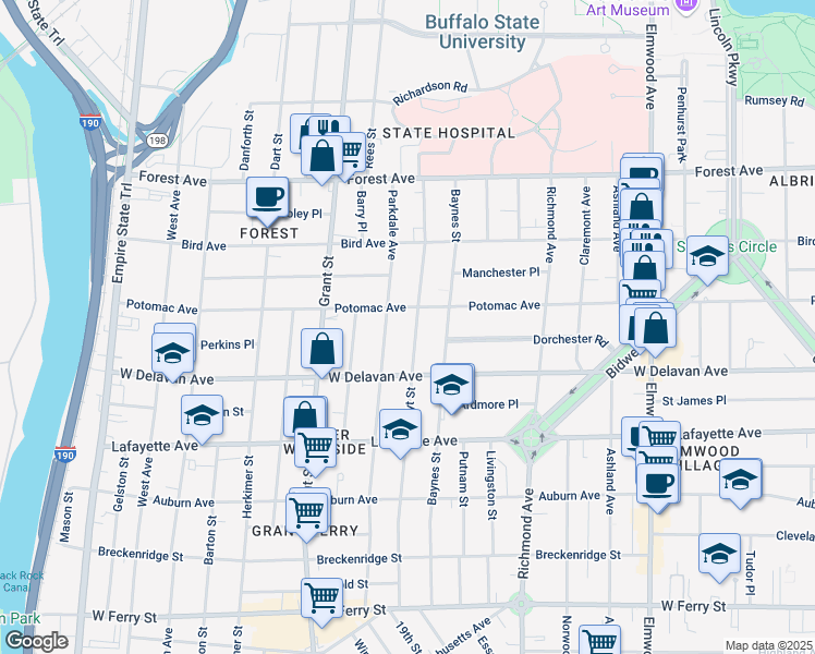 map of restaurants, bars, coffee shops, grocery stores, and more near 351 Potomac Avenue in Buffalo