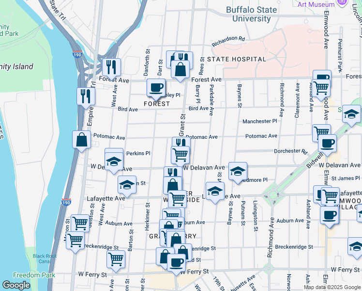 map of restaurants, bars, coffee shops, grocery stores, and more near 263 Potomac Avenue in Buffalo