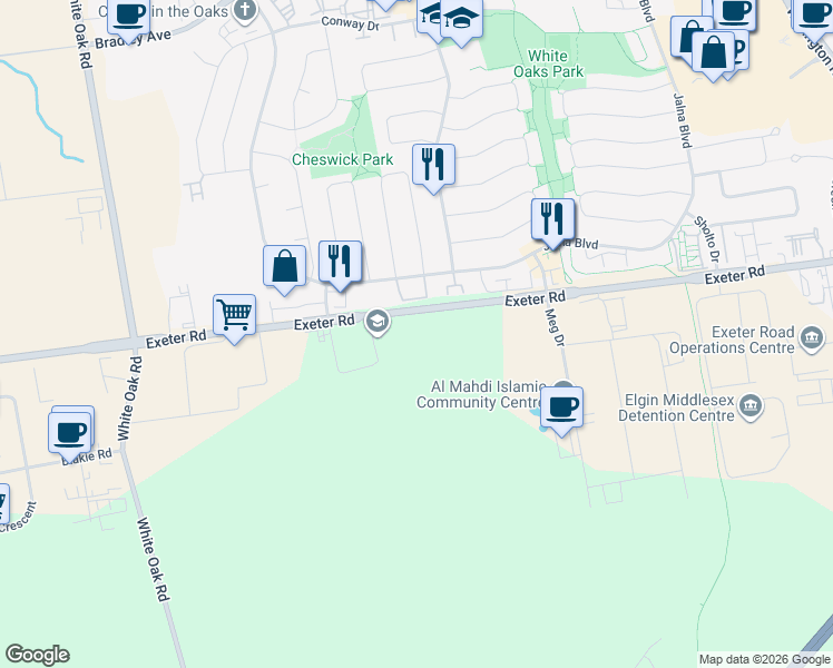 map of restaurants, bars, coffee shops, grocery stores, and more near 467 Exeter Road in London