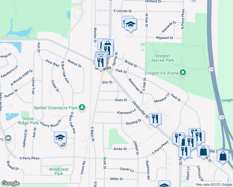 map of restaurants, bars, coffee shops, grocery stores, and more near 310 Janesville Street in Oregon