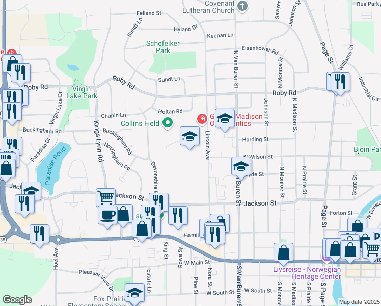 map of restaurants, bars, coffee shops, grocery stores, and more near 600 Lincoln Avenue in Stoughton