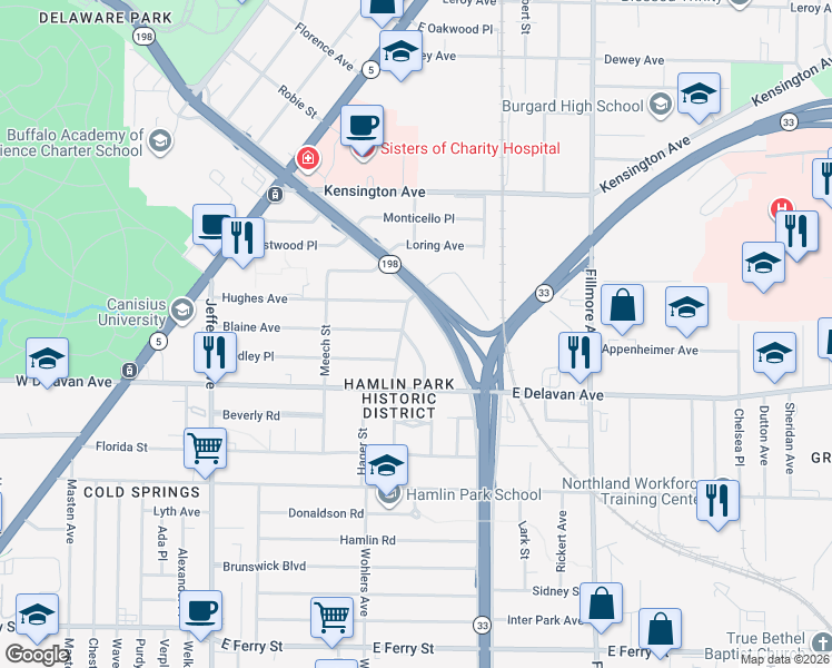 map of restaurants, bars, coffee shops, grocery stores, and more near 375 Humboldt Parkway in Buffalo