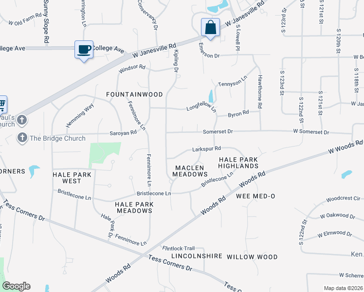 map of restaurants, bars, coffee shops, grocery stores, and more near S66W13005 Somerset Drive in Muskego