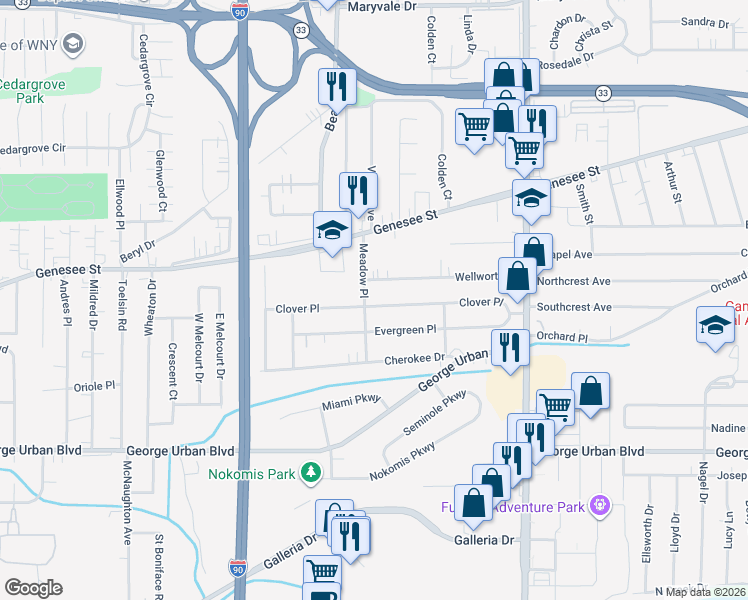 map of restaurants, bars, coffee shops, grocery stores, and more near 15 Wellworth Place in Buffalo