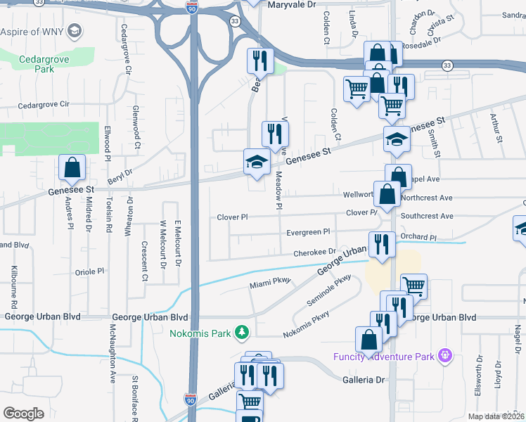 map of restaurants, bars, coffee shops, grocery stores, and more near 86 Meadow Place in Buffalo