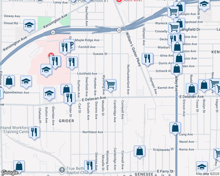 map of restaurants, bars, coffee shops, grocery stores, and more near 342 Cambridge Avenue in Buffalo