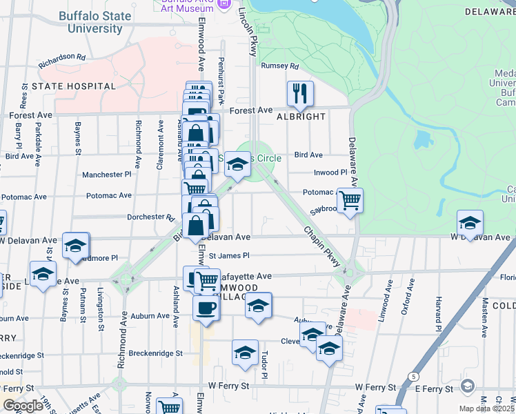 map of restaurants, bars, coffee shops, grocery stores, and more near 707 Potomac Avenue in Buffalo