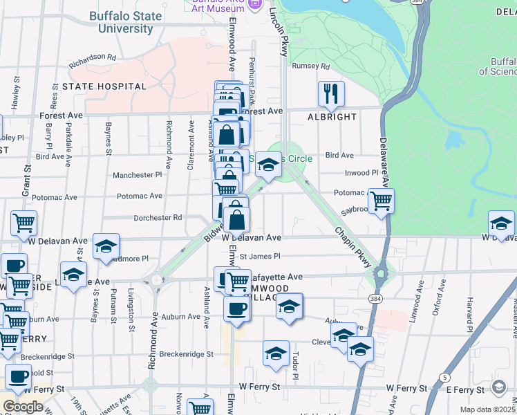 map of restaurants, bars, coffee shops, grocery stores, and more near 177 Bidwell Parkway in Buffalo