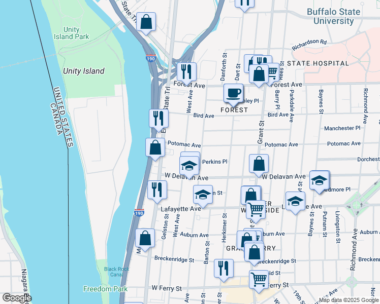 map of restaurants, bars, coffee shops, grocery stores, and more near 96 Potomac Avenue in Buffalo