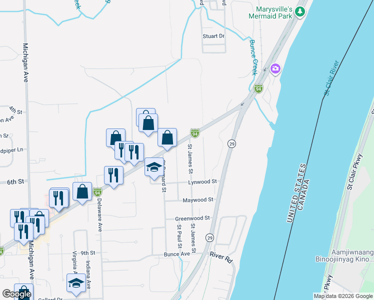 map of restaurants, bars, coffee shops, grocery stores, and more near 603 Gratiot Boulevard in Marysville