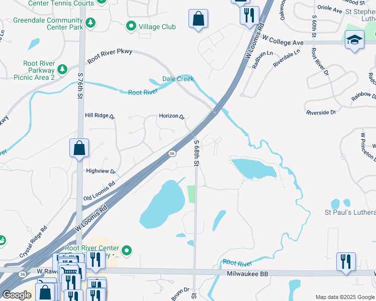 map of restaurants, bars, coffee shops, grocery stores, and more near 6965 Heathmeadow Court in Greendale