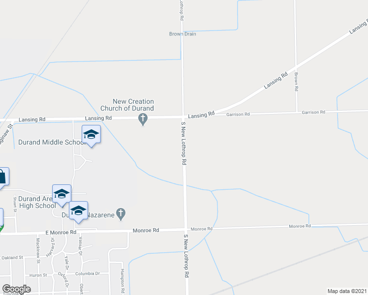 map of restaurants, bars, coffee shops, grocery stores, and more near 5240 New Lothrop Road in Durand