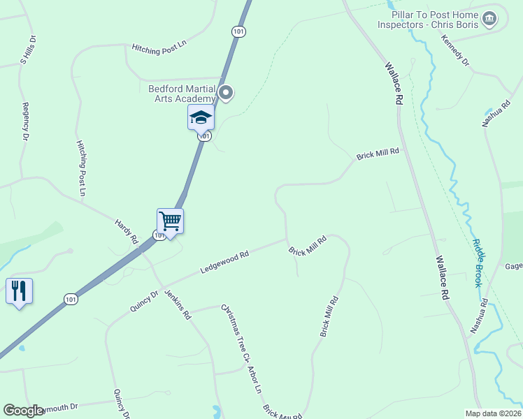 map of restaurants, bars, coffee shops, grocery stores, and more near 49 Brick Mill Road in Bedford