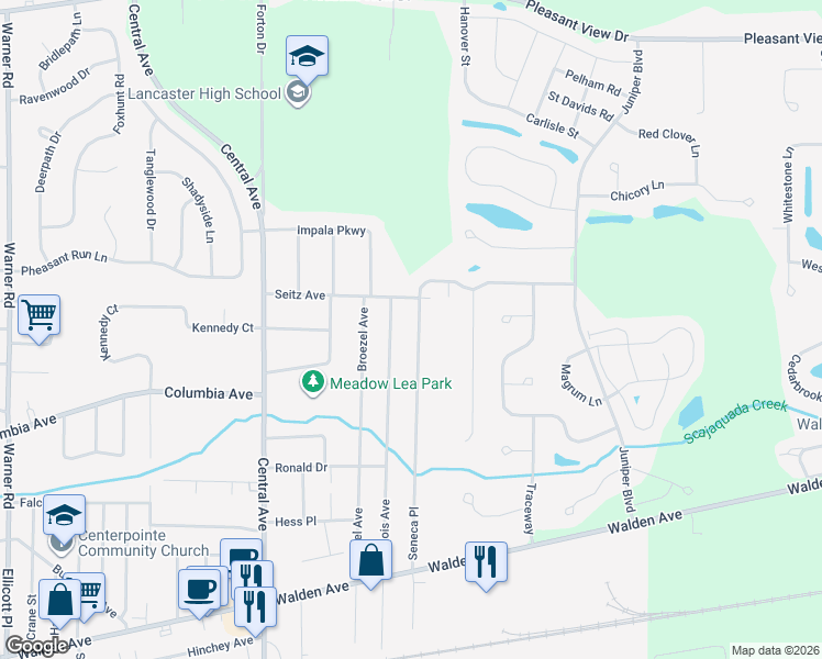map of restaurants, bars, coffee shops, grocery stores, and more near 345 Seneca Place in Lancaster