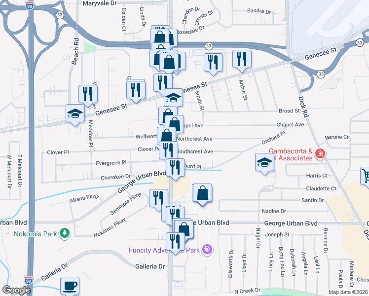 map of restaurants, bars, coffee shops, grocery stores, and more near 32316 Building Landing in Buffalo