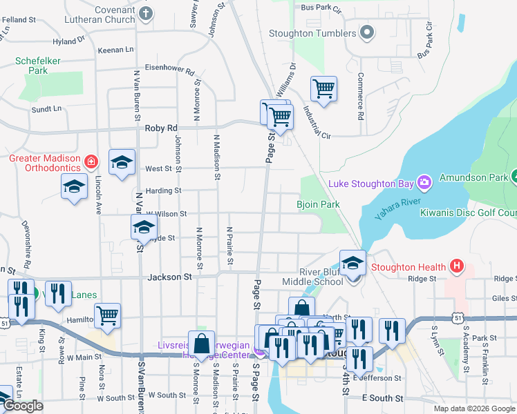 map of restaurants, bars, coffee shops, grocery stores, and more near 624 North Page Street in Stoughton