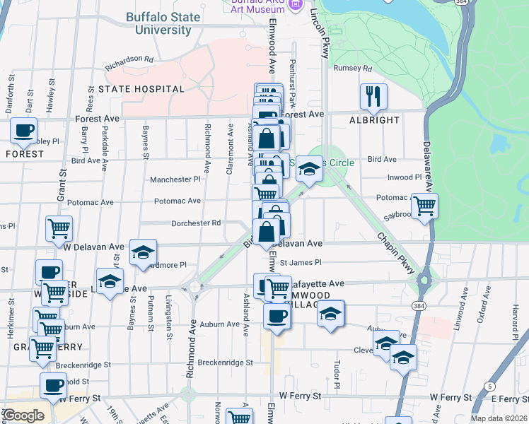 map of restaurants, bars, coffee shops, grocery stores, and more near 583 Potomac Avenue in Buffalo