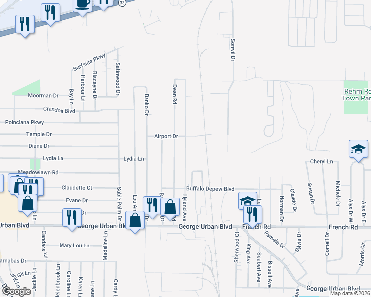 map of restaurants, bars, coffee shops, grocery stores, and more near 185 Hyland Avenue in Depew