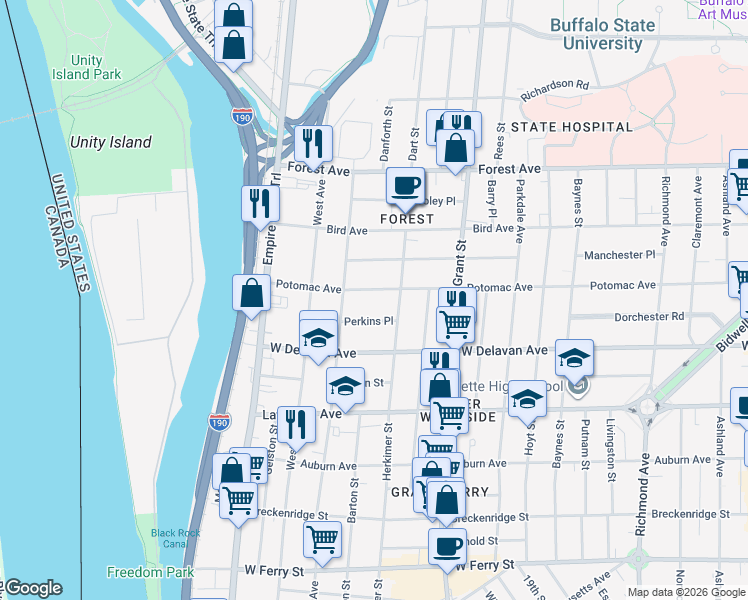 map of restaurants, bars, coffee shops, grocery stores, and more near 159 Potomac Avenue in Buffalo